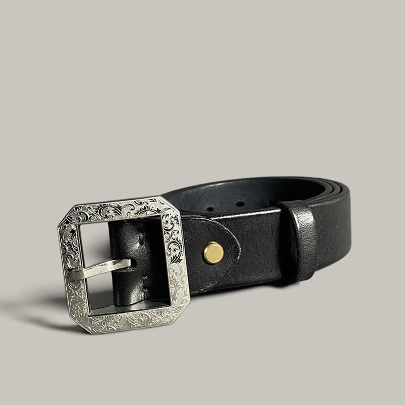 Ceinture en cuir pour pantalon avec boucle gravée à motif floral carré