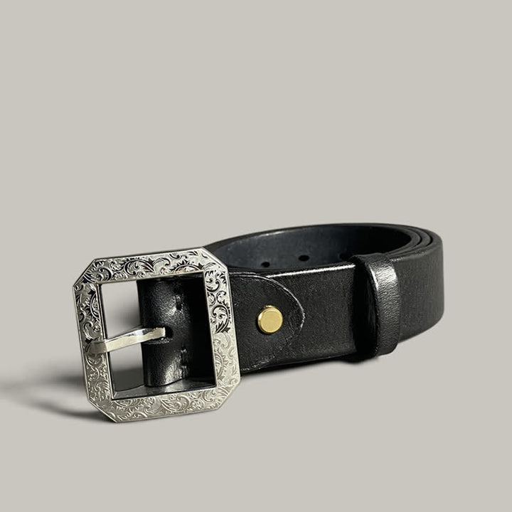 Ceinture en cuir pour pantalon avec boucle gravée à motif floral carré