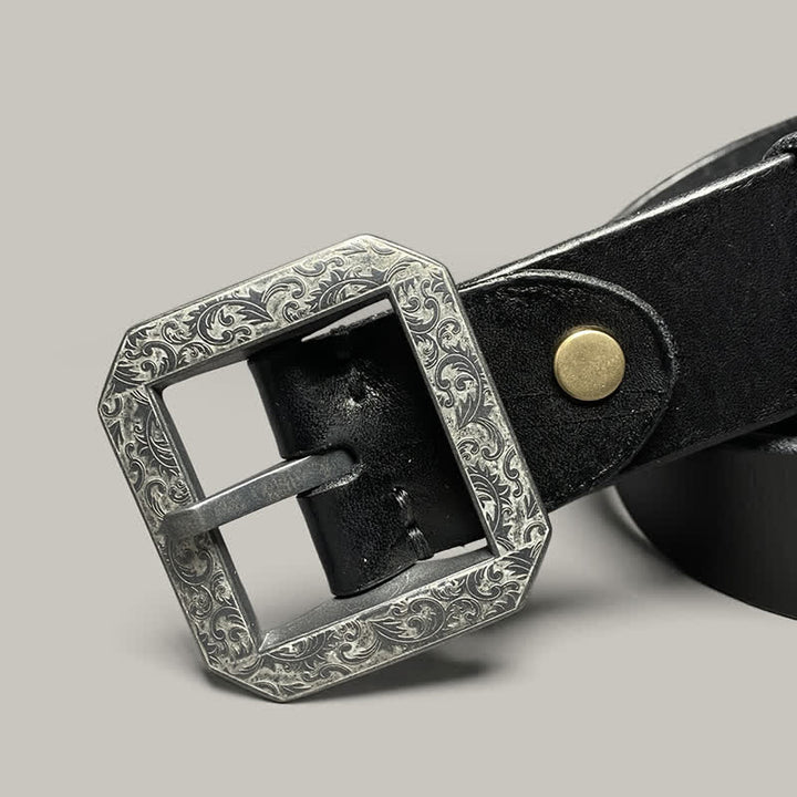 Ceinture en cuir pour pantalon avec boucle gravée à motif floral carré