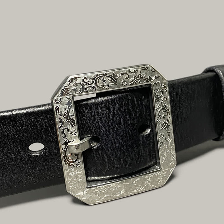 Ceinture en cuir pour pantalon avec boucle gravée à motif floral carré