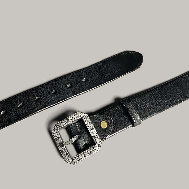 Ceinture en cuir pour pantalon avec boucle gravée à motif floral carré