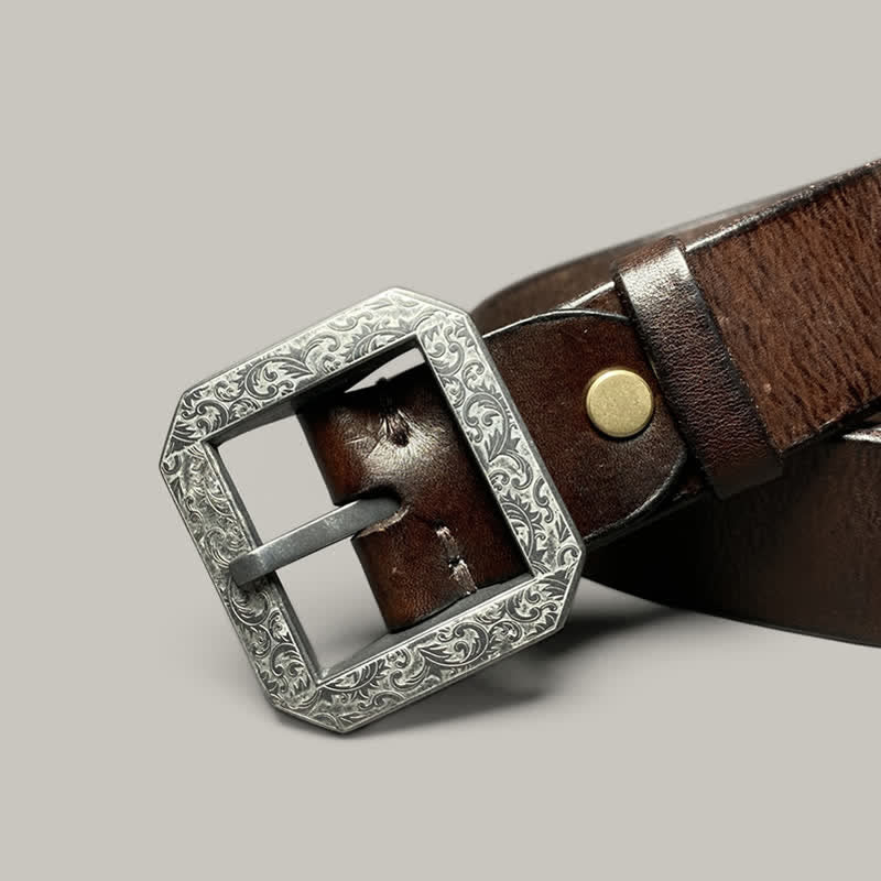 Ceinture en cuir pour pantalon avec boucle gravée à motif floral carré