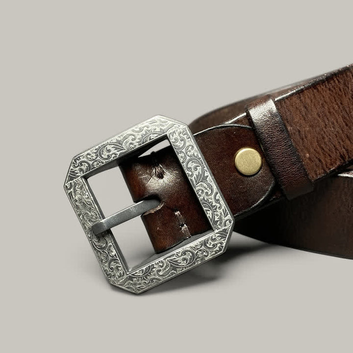 Ceinture en cuir pour pantalon avec boucle gravée à motif floral carré