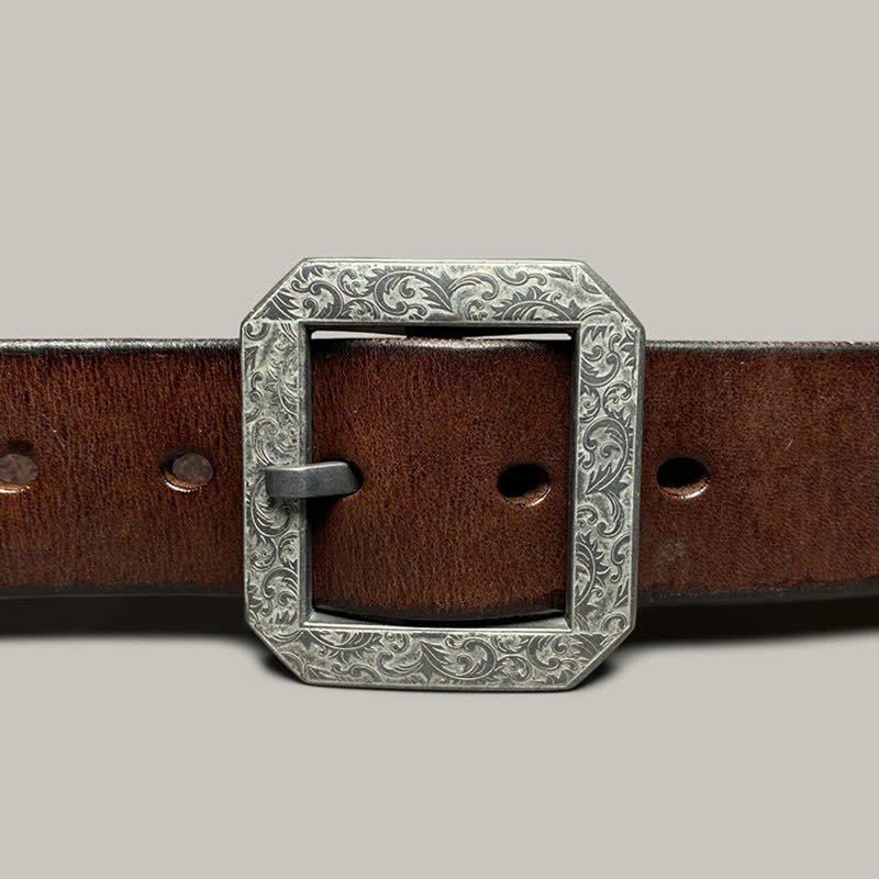 Ceinture en cuir pour pantalon avec boucle gravée à motif floral carré