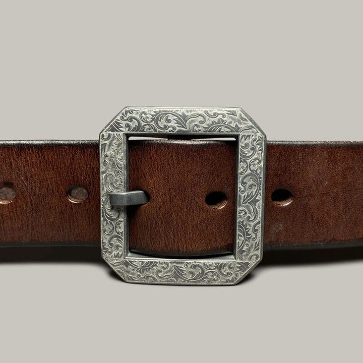 Ceinture en cuir pour pantalon avec boucle gravée à motif floral carré