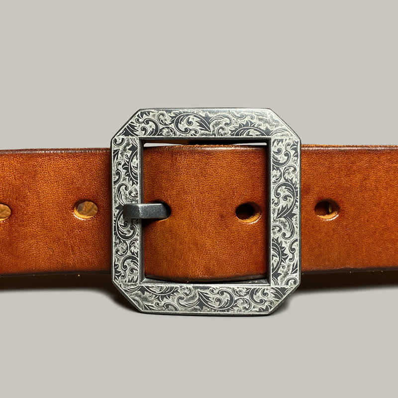 Ceinture en cuir pour pantalon avec boucle gravée à motif floral carré
