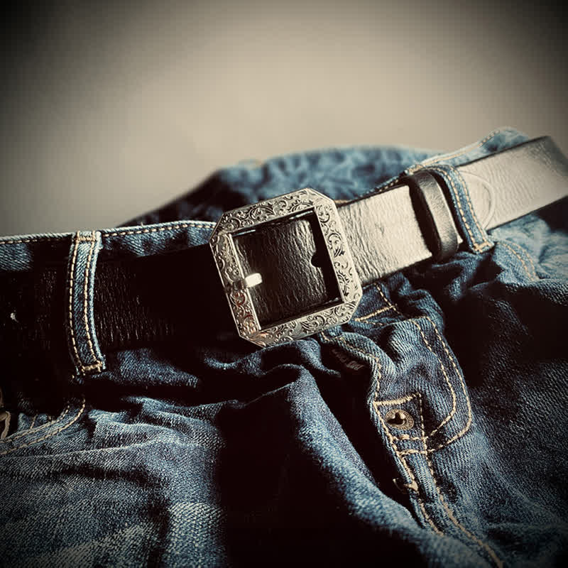 Ceinture en cuir pour pantalon avec boucle gravée à motif floral carré