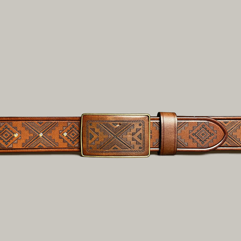 Ceinture en cuir à boucle carrée avec motif diamant gravé