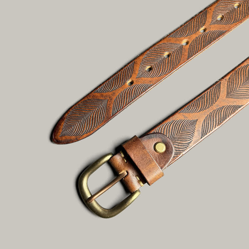 Ceinture en cuir gaufré personnalisée avec feuilles de plantes vieillies