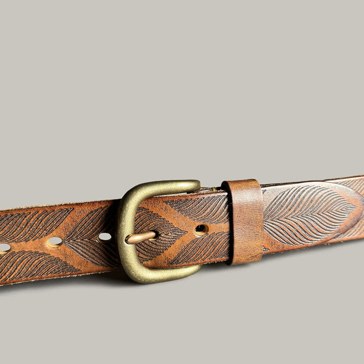Ceinture en cuir gaufré personnalisée avec feuilles de plantes vieillies