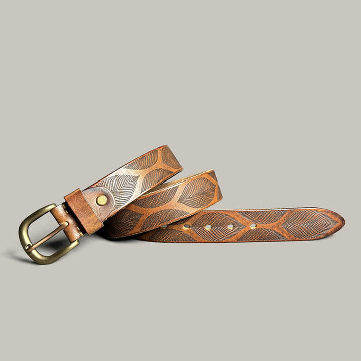 Ceinture en cuir gaufré personnalisée avec feuilles de plantes vieillies