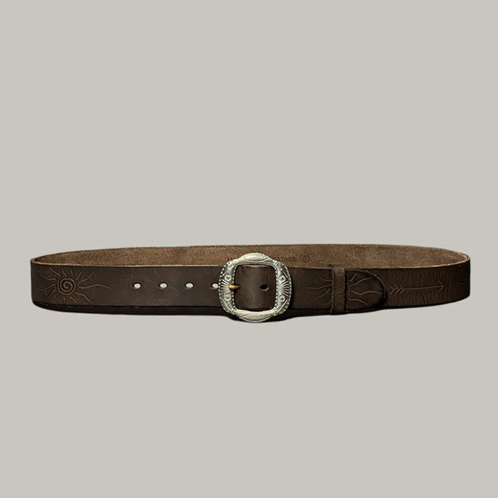 Ceinture en cuir avec boucle argentée et motif soleil rétro en relief