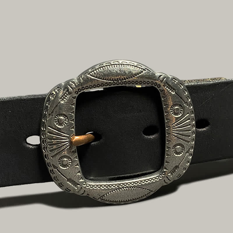 Ceinture en cuir avec boucle argentée et motif soleil rétro en relief