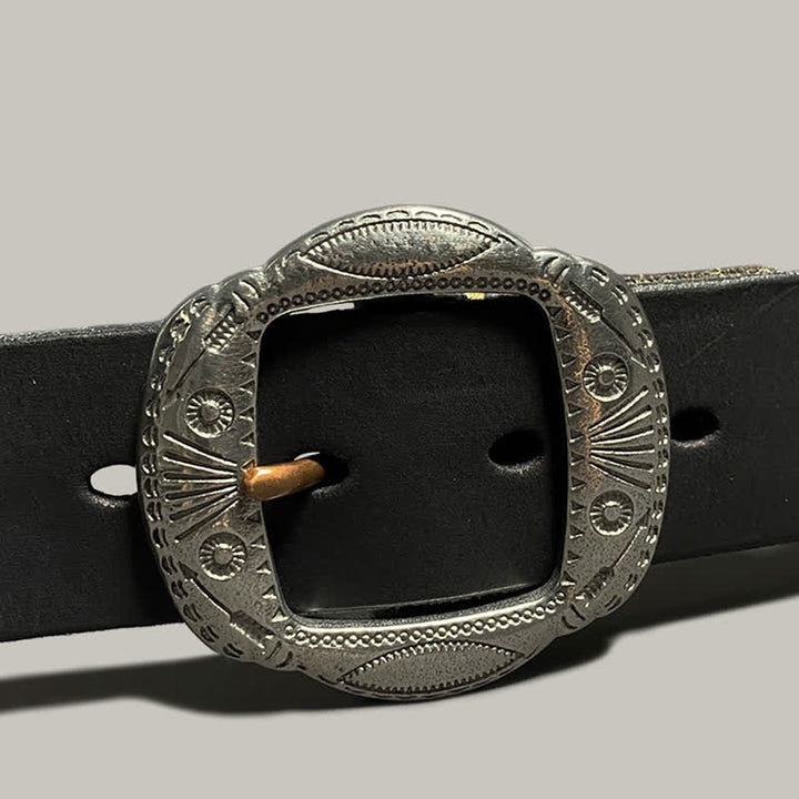 Ceinture en cuir avec boucle argentée et motif soleil rétro en relief