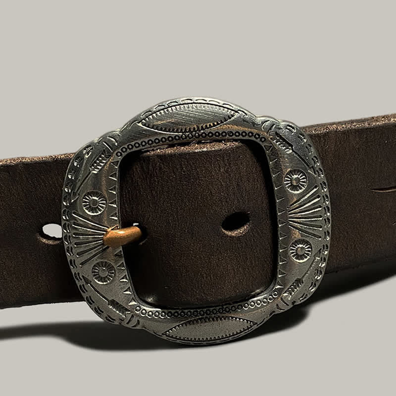 Ceinture en cuir avec boucle argentée et motif soleil rétro en relief