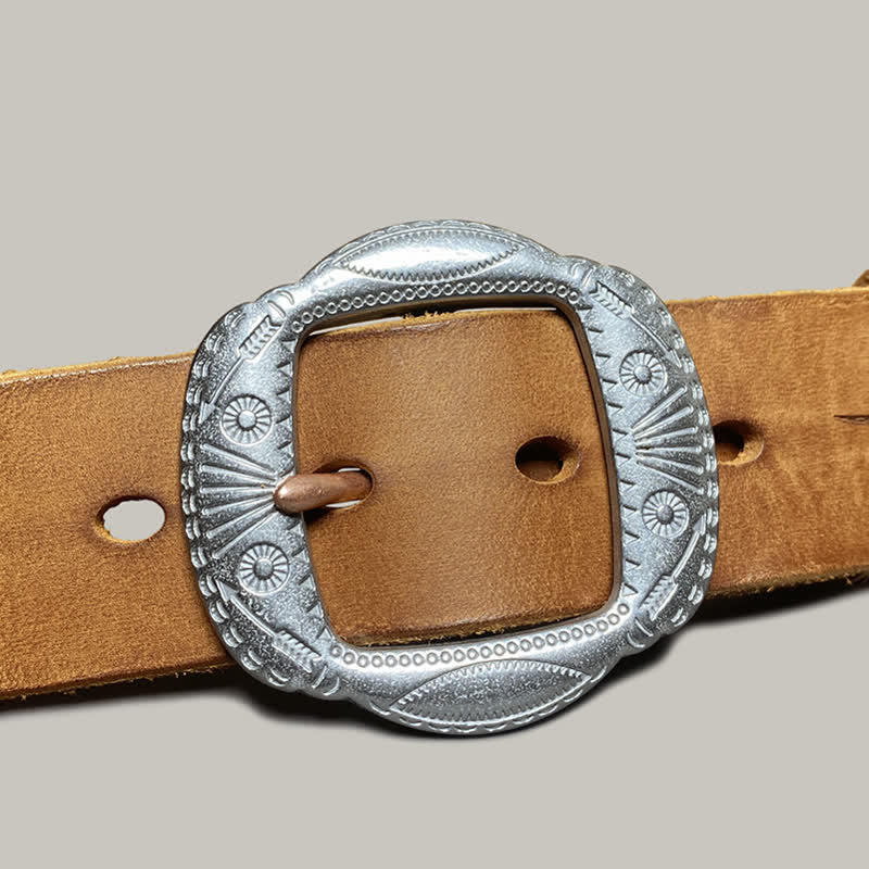 Ceinture en cuir avec boucle argentée et motif soleil rétro en relief