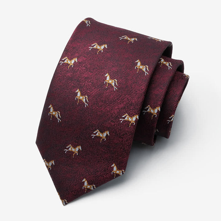 Cravate bordeaux pour homme à motif animalier de cheval au galop