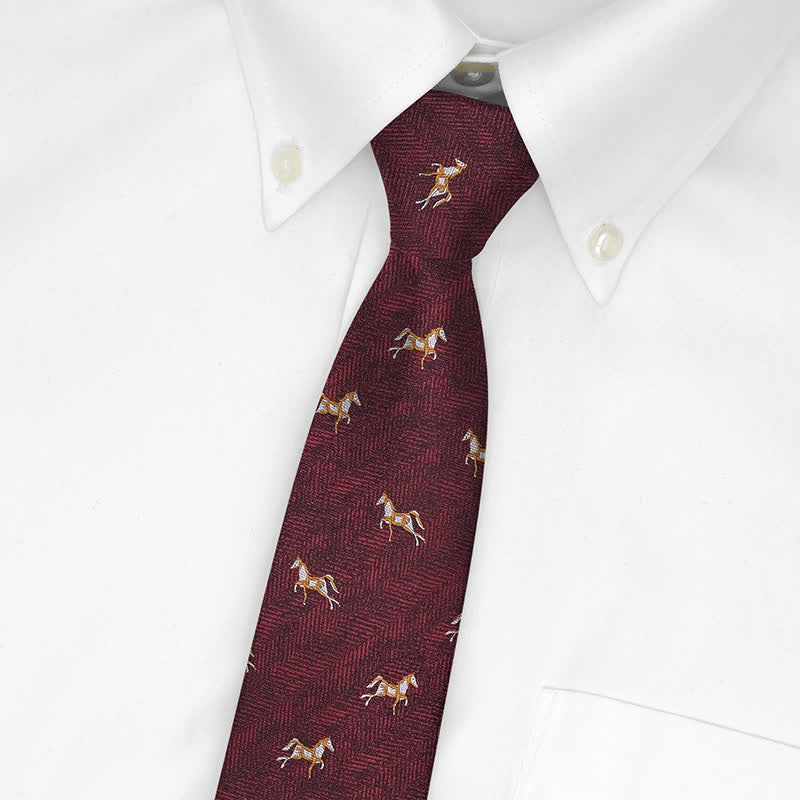 Cravate bordeaux pour homme à motif animalier de cheval au galop