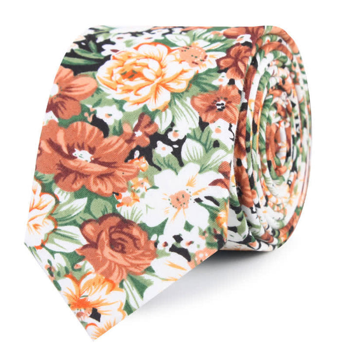 Cravate en coton à motif floral et feuilles orange pour homme