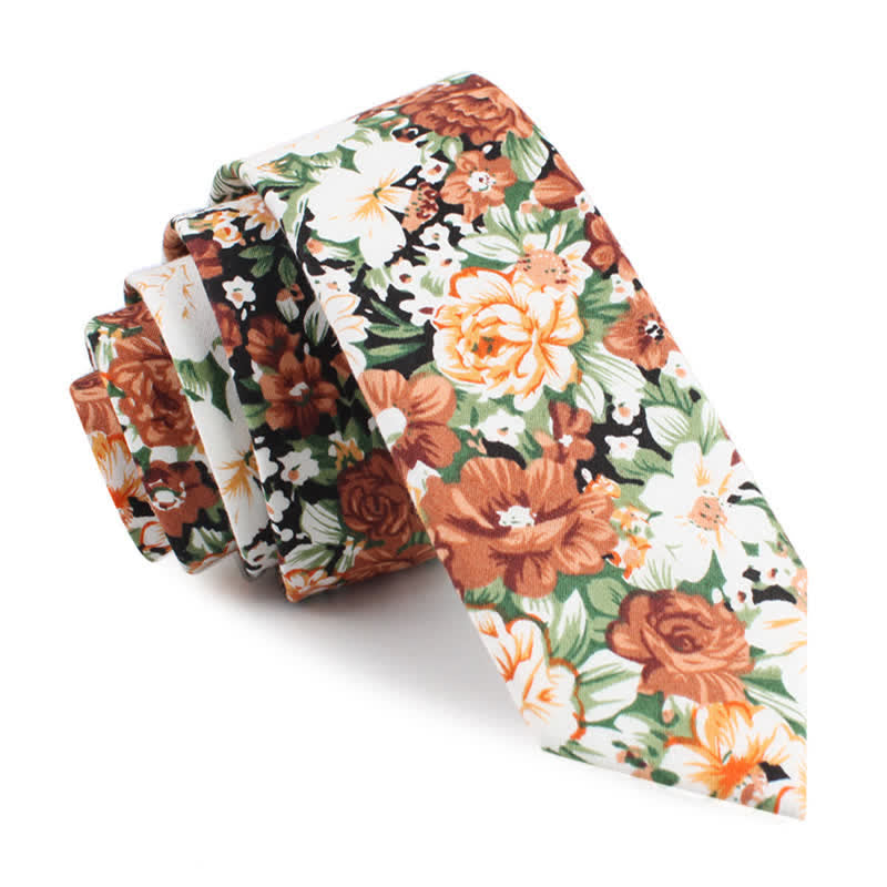 Cravate en coton à motif floral et feuilles orange pour homme
