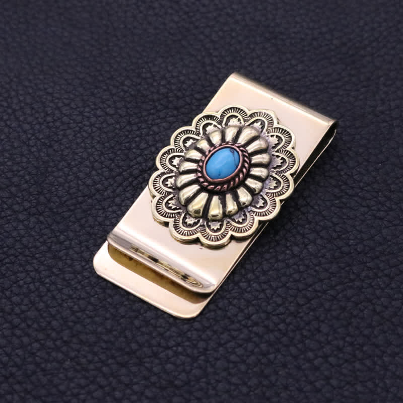 Pince à billets en laiton massif avec fleur en fausse turquoise - Fausse turquoise - image 0