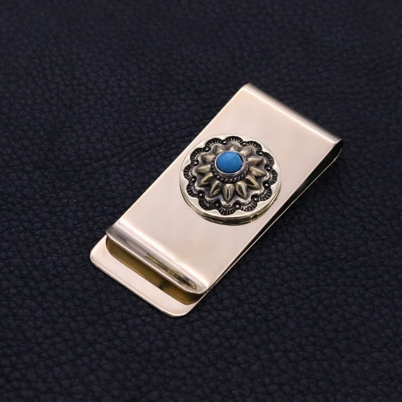 Pince à billets en laiton massif avec petite fleur en fausse turquoise - Fausse turquoise - image 0