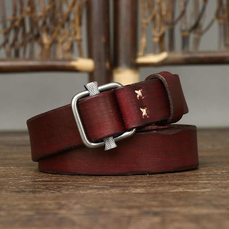 Ceinture en cuir lisse réglable à boucle rétro vieillie
