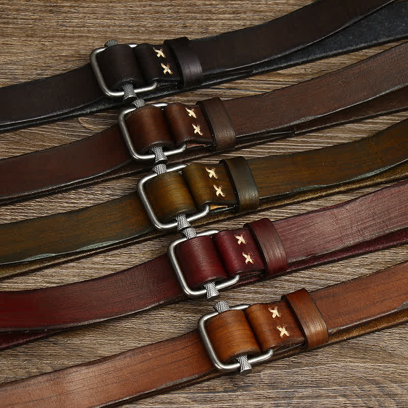 Ceinture en cuir lisse réglable à boucle rétro vieillie
