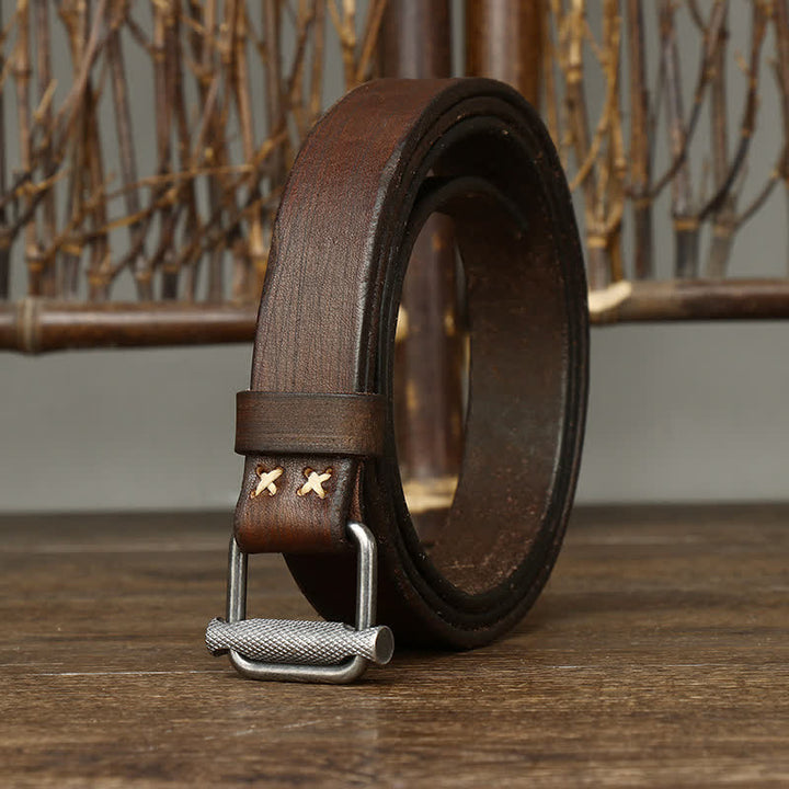 Ceinture en cuir lisse réglable à boucle rétro vieillie