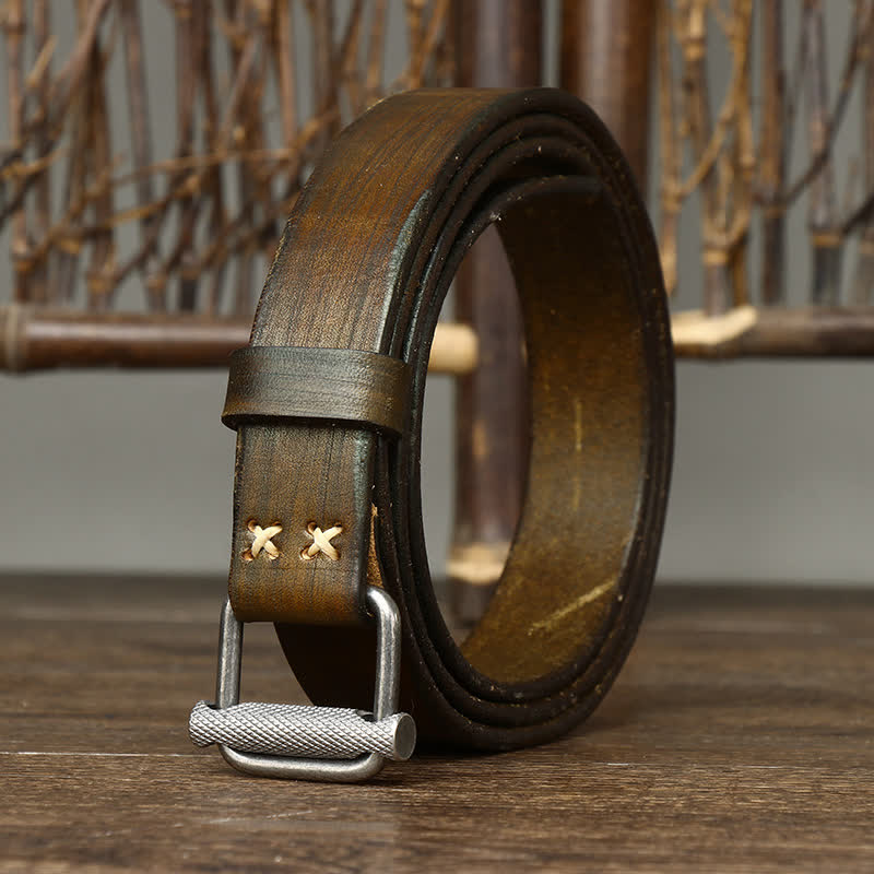 Ceinture en cuir lisse réglable à boucle rétro vieillie