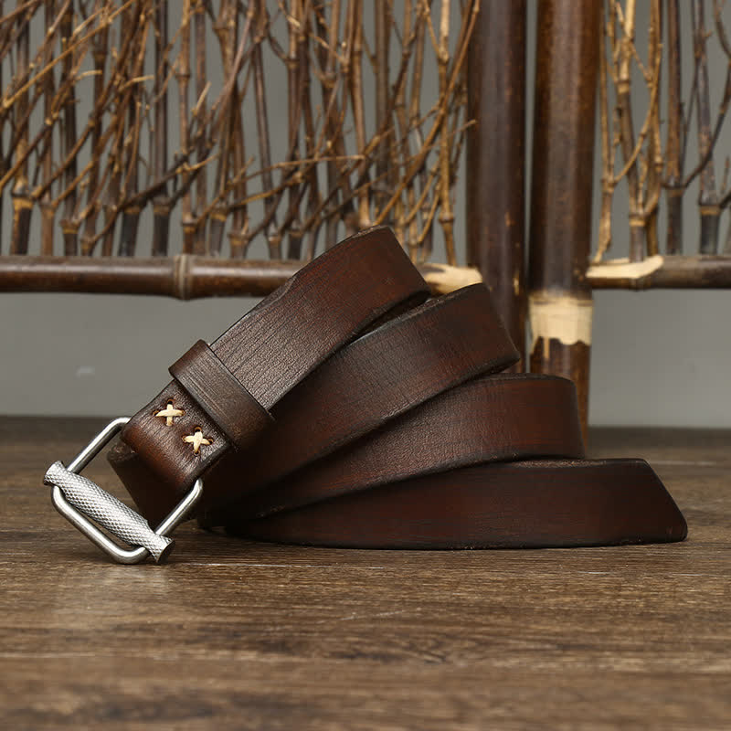 Ceinture en cuir lisse réglable à boucle rétro vieillie