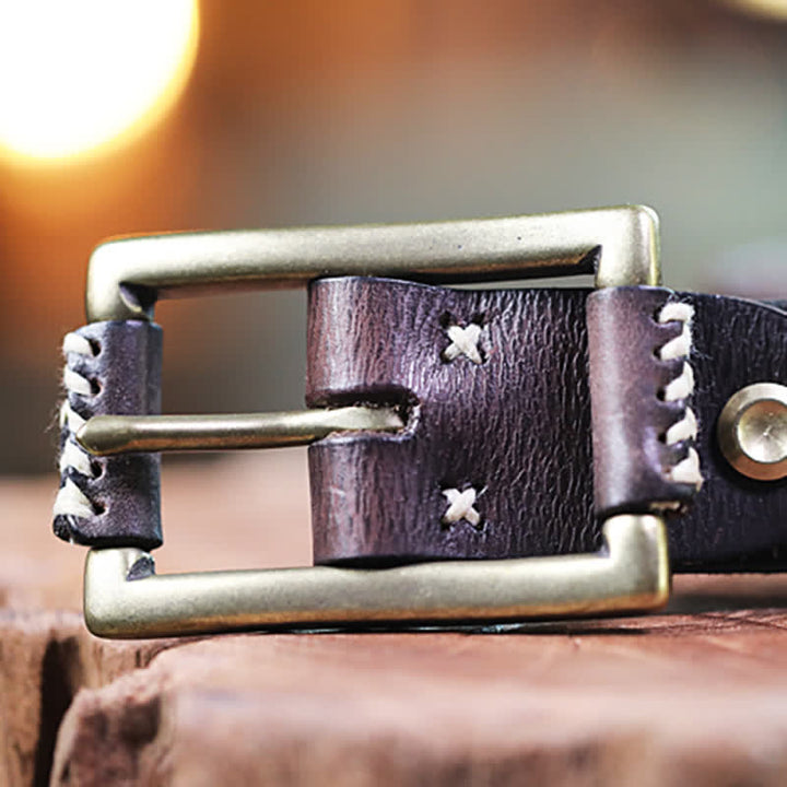 Ceinture en cuir véritable pour jeans rétro cousue à la main