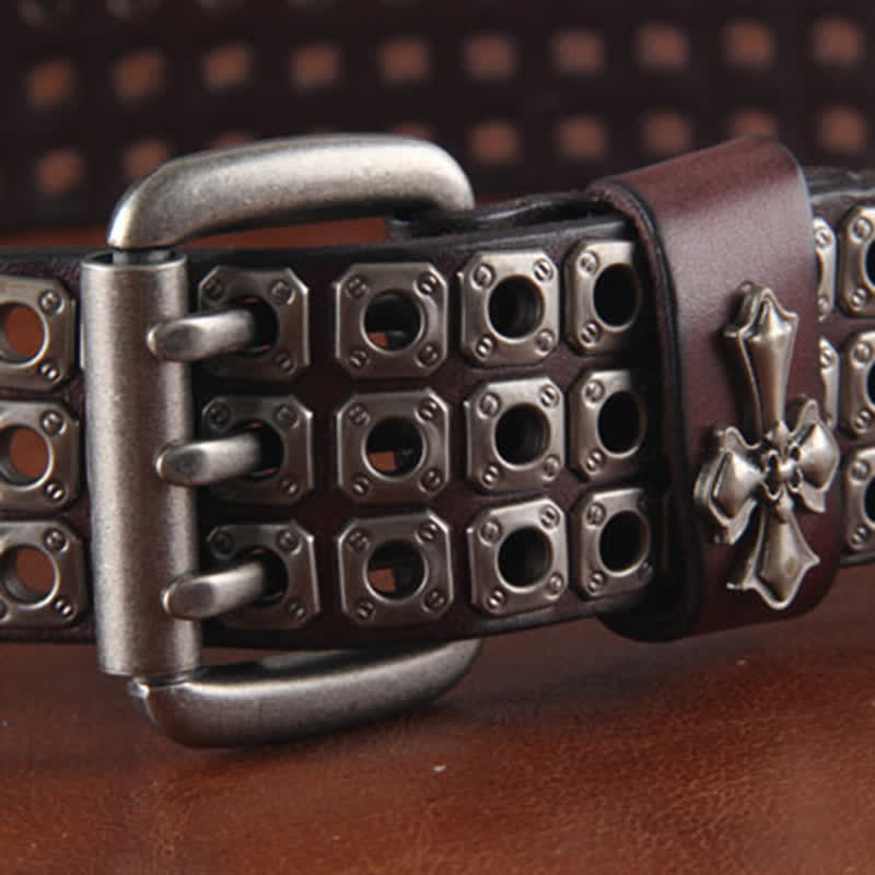 Ceinture en cuir élégante à trois rangées de rivets croisés