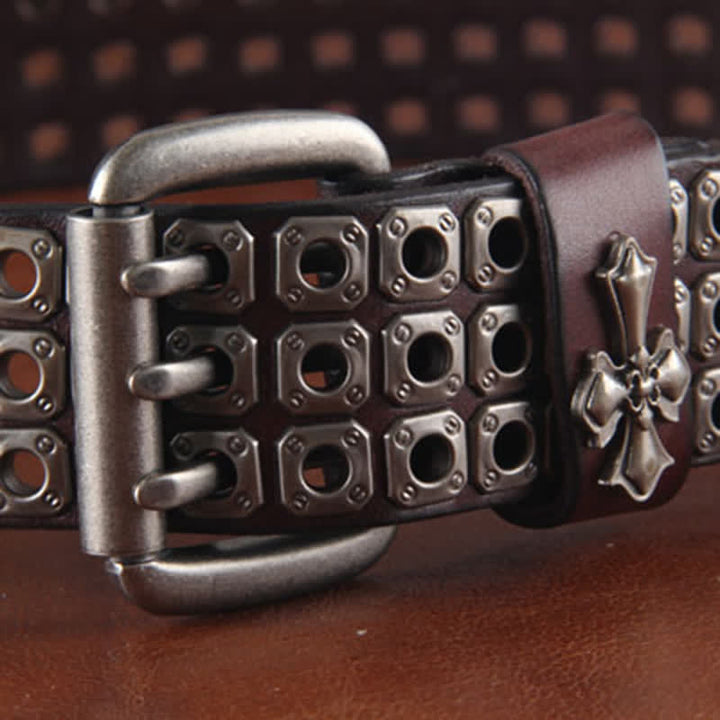 Ceinture en cuir élégante à trois rangées de rivets croisés