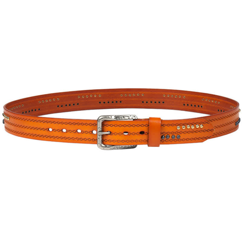 Ceinture en cuir à motif gaufré avec rivets ronds et coutures fantaisie