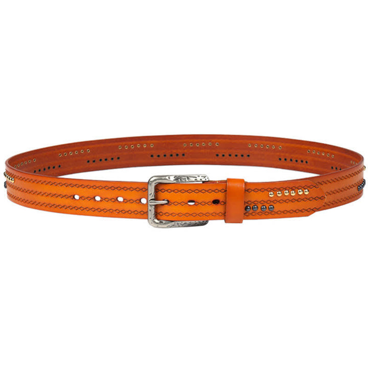Ceinture en cuir à motif gaufré avec rivets ronds et coutures fantaisie