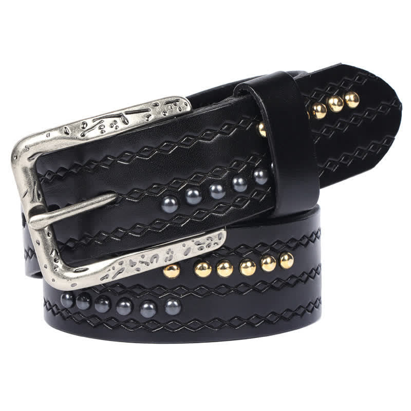 Ceinture en cuir à motif gaufré avec rivets ronds et coutures fantaisie