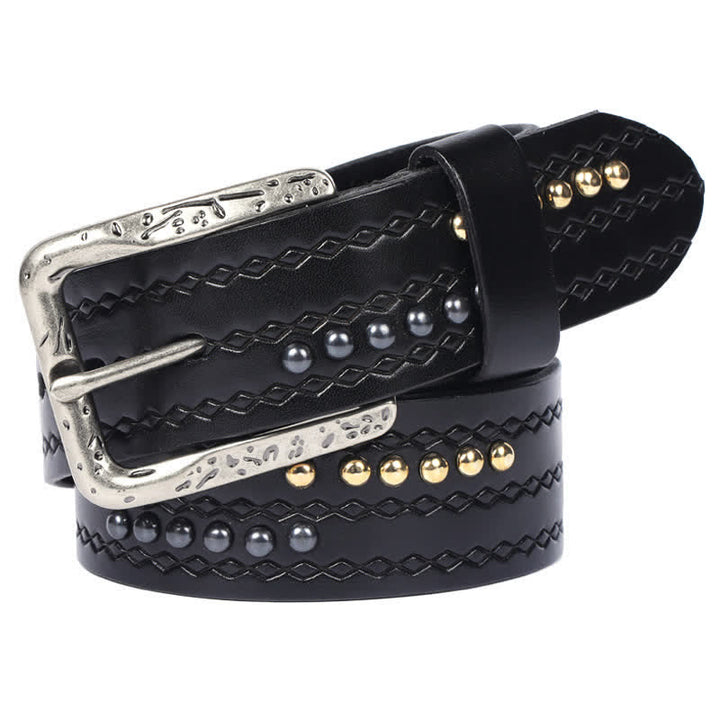 Ceinture en cuir à motif gaufré avec rivets ronds et coutures fantaisie