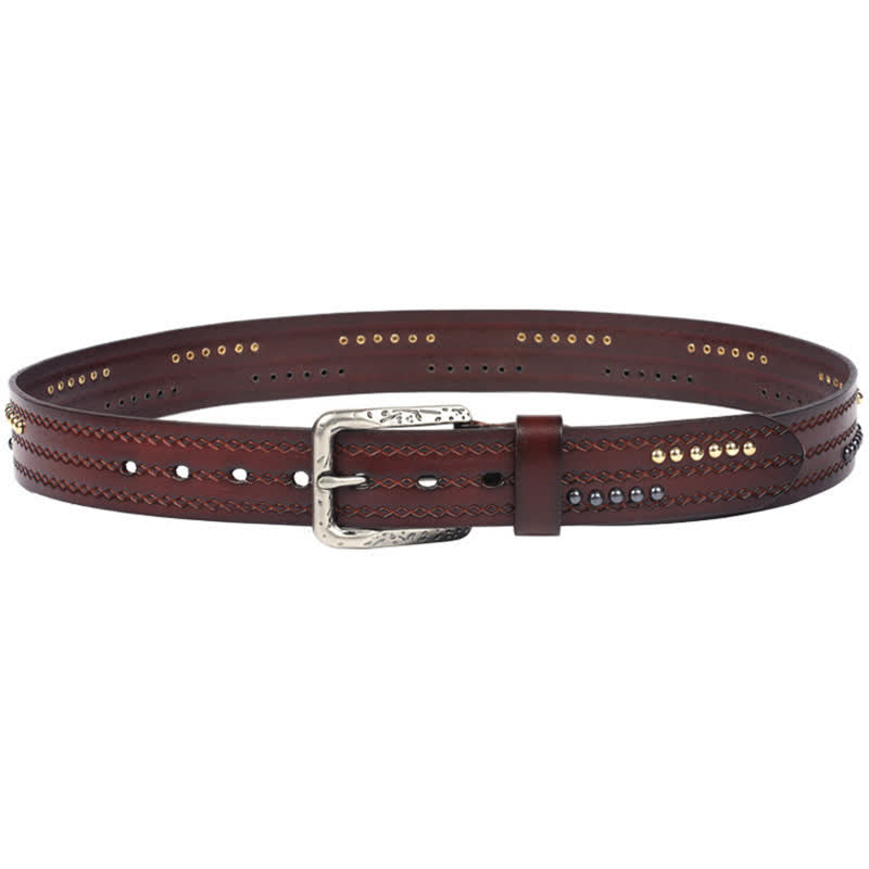 Ceinture en cuir à motif gaufré avec rivets ronds et coutures fantaisie