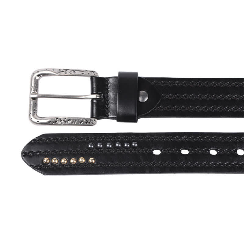 Ceinture en cuir à motif gaufré avec rivets ronds et coutures fantaisie
