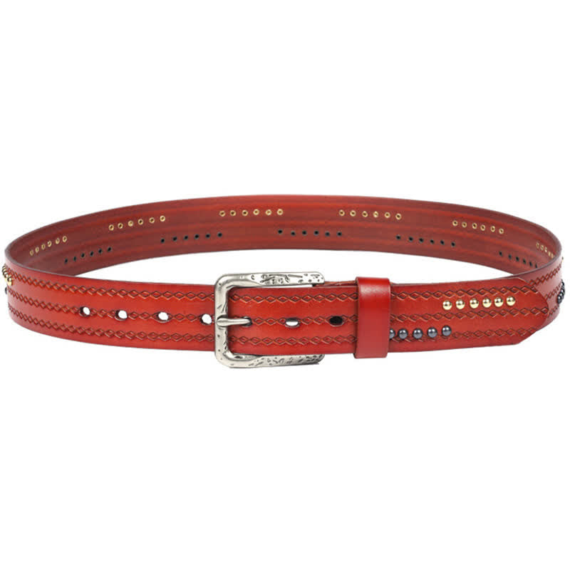 Ceinture en cuir à motif gaufré avec rivets ronds et coutures fantaisie