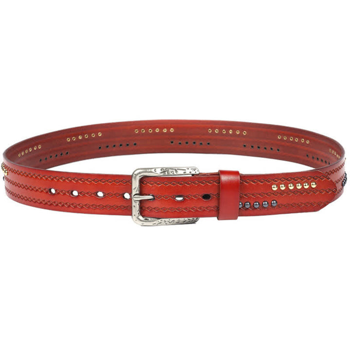 Ceinture en cuir à motif gaufré avec rivets ronds et coutures fantaisie