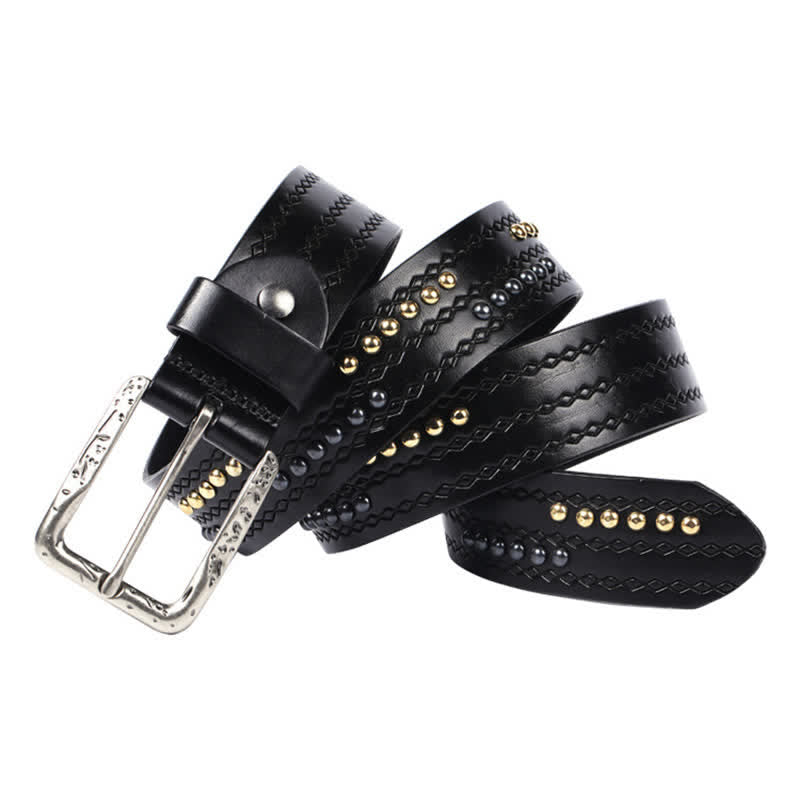 Ceinture en cuir à motif gaufré avec rivets ronds et coutures fantaisie