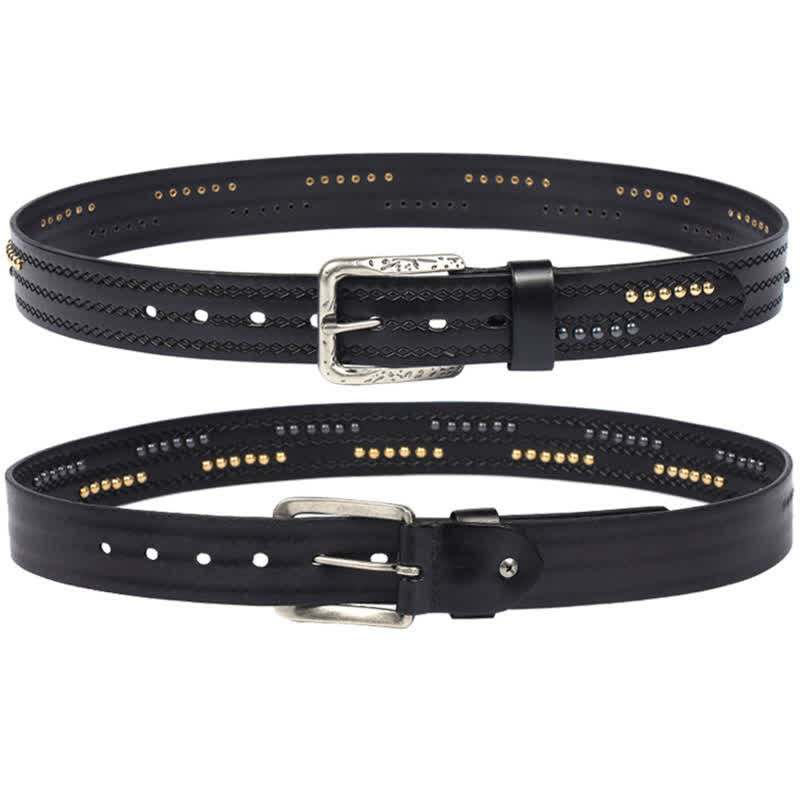 Ceinture en cuir à motif gaufré avec rivets ronds et coutures fantaisie
