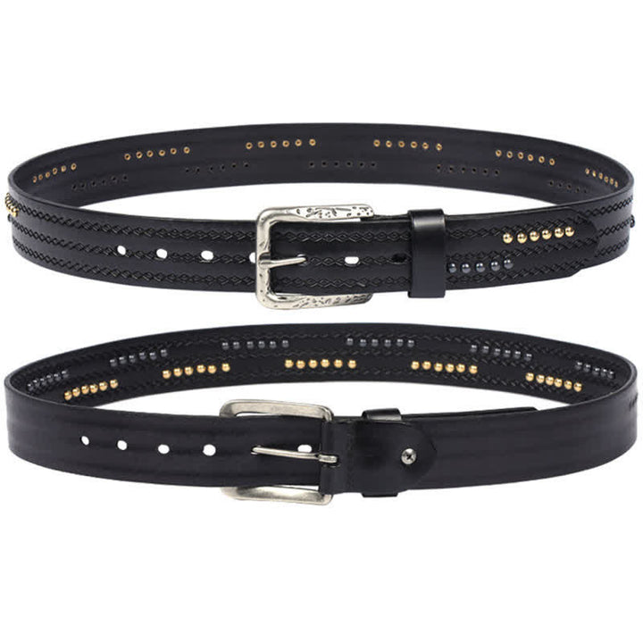 Ceinture en cuir à motif gaufré avec rivets ronds et coutures fantaisie