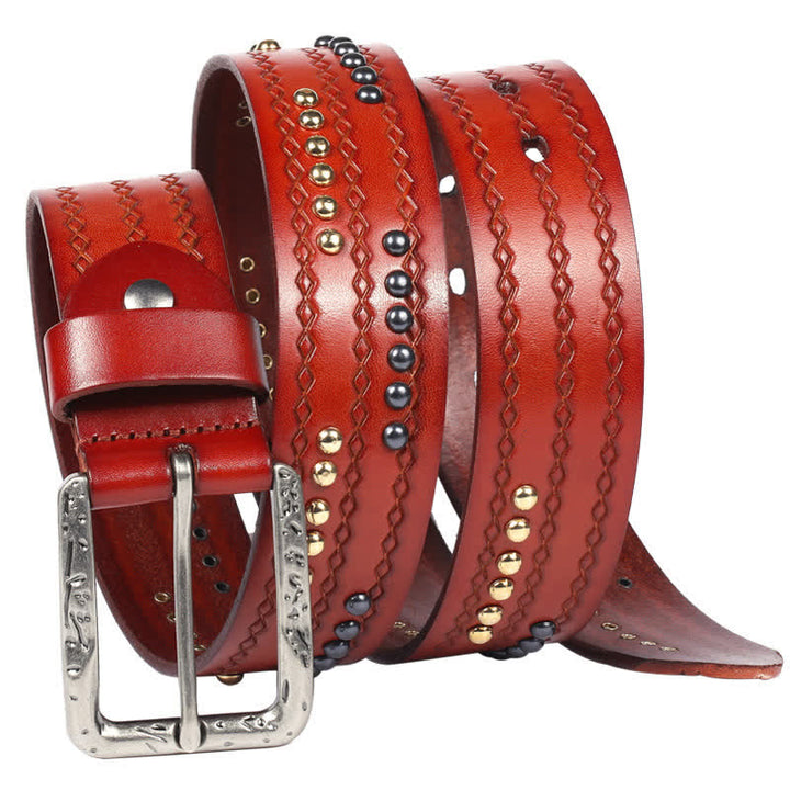 Ceinture en cuir à motif gaufré avec rivets ronds et coutures fantaisie
