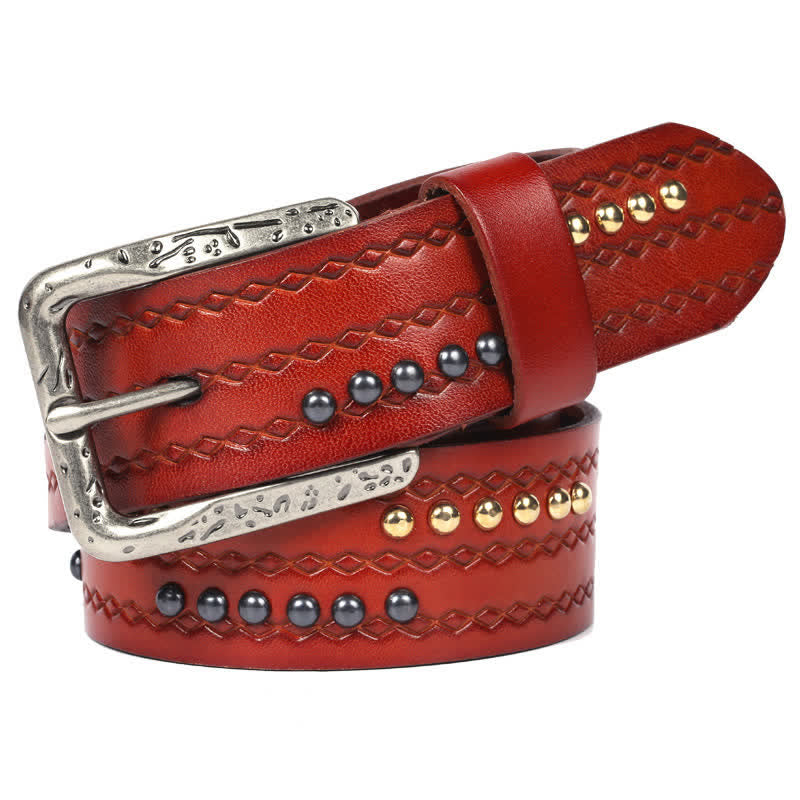 Ceinture en cuir à motif gaufré avec rivets ronds et coutures fantaisie