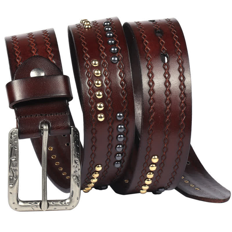Ceinture en cuir à motif gaufré avec rivets ronds et coutures fantaisie