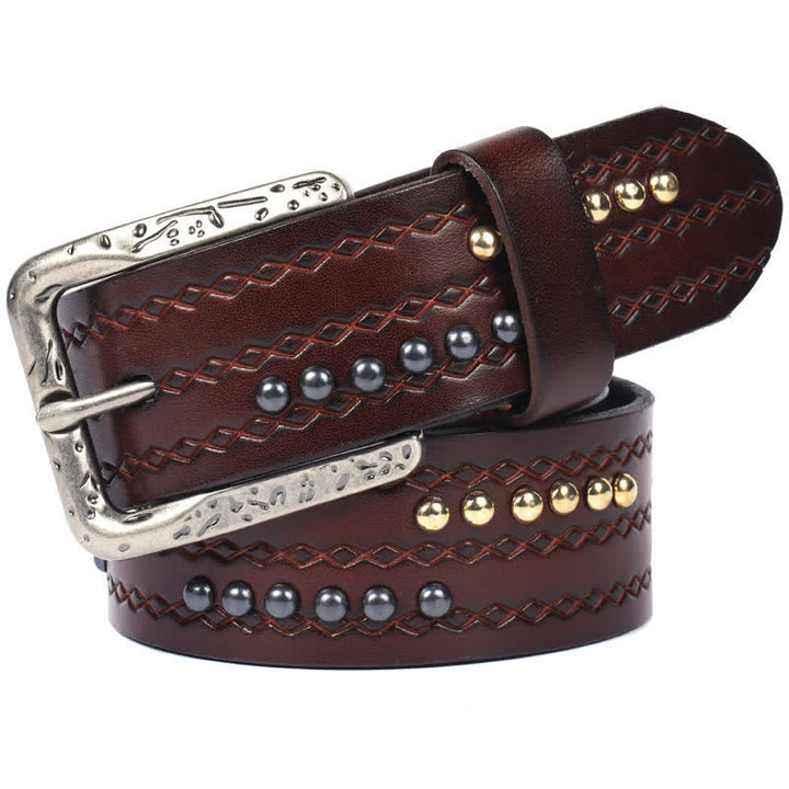 Ceinture en cuir à motif gaufré avec rivets ronds et coutures fantaisie
