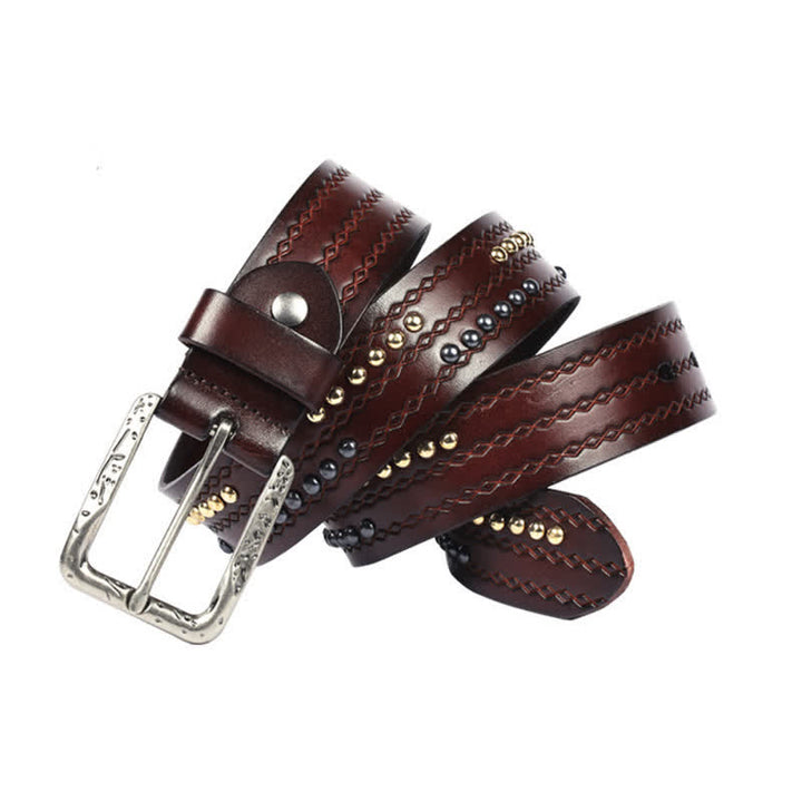 Ceinture en cuir à motif gaufré avec rivets ronds et coutures fantaisie